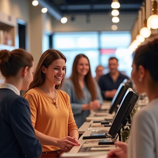 Happy customers at a checkout counter in an Apex Retail Group store.