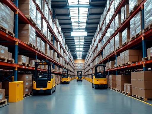 A busy but organized logistics warehouse.
